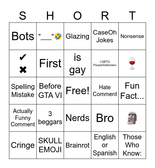 YouTube Shorts Comments Bingo Card