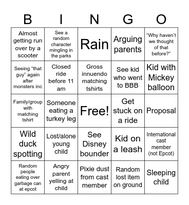 Disney World Bingo Card