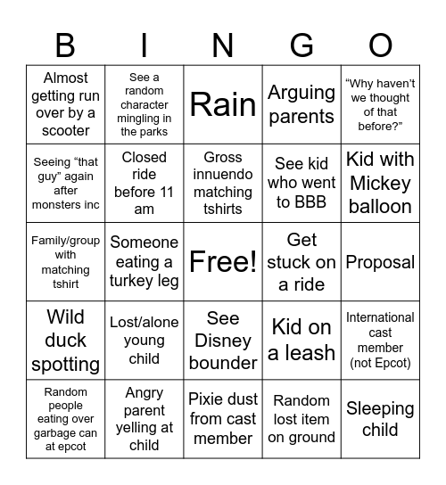 Disney World Bingo Card