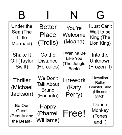 Musical Bingo Card