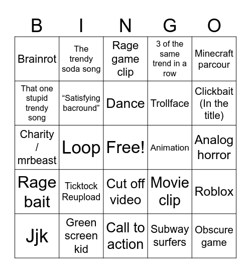 YouTube shorts Bingo Card