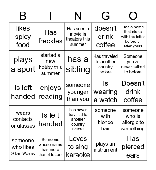 Meet the Class Bingo Card