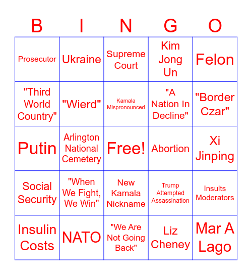 Second Presidential Debate Bingo Card