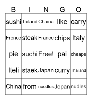 Foreign Food Bingo Card