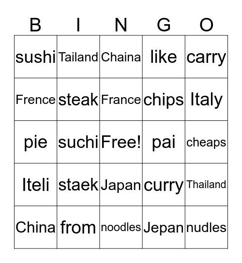 Foreign Food Bingo Card