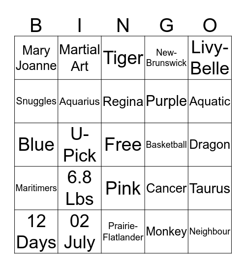Baby Bingo Card