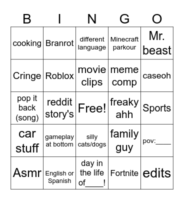 Youtube shorts bingo Card