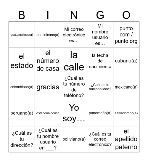 Español 1: Unidad 1 Lección D Bingo Card