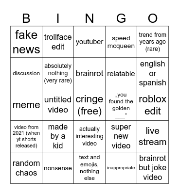 YouTube Shorts Bingo Card