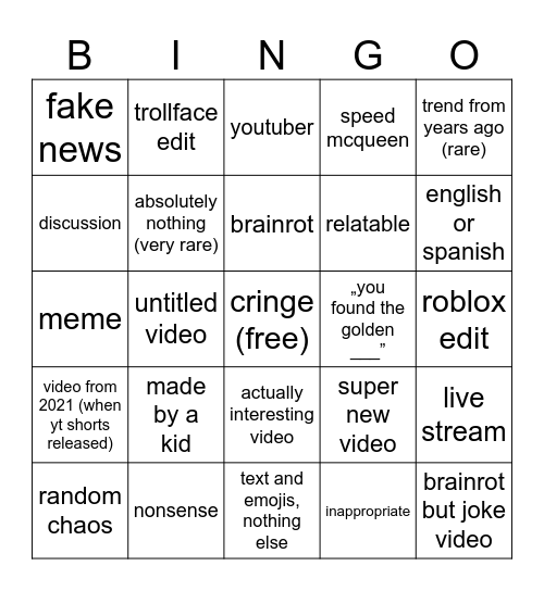 YouTube Shorts Bingo Card