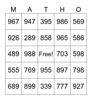 3-Digit Addition No Regrouping Bingo Card