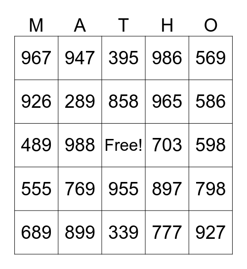 3-Digit Addition No Regrouping Bingo Card