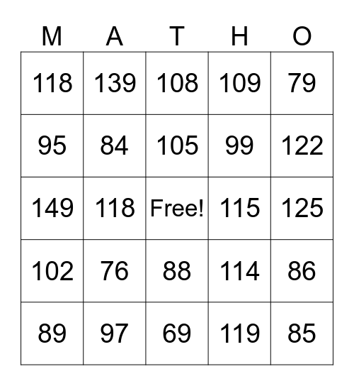2-Digit Addition No Regrouping Bingo Card