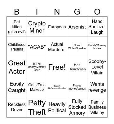 As A Villain Bingo Card