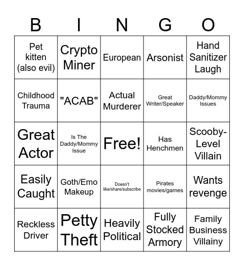 As A Villain Bingo Card