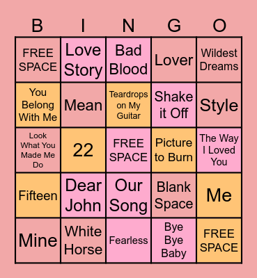 Taylor Swift Bingo Card