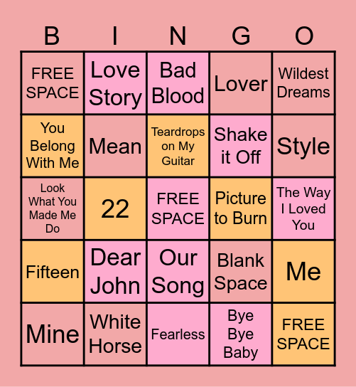 Taylor Swift Bingo Card