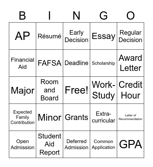 College Vocabulary Bingo Card