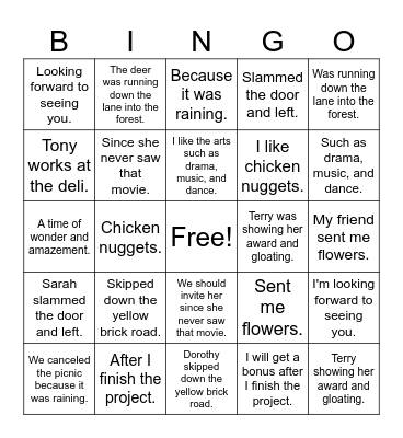 Sentence Fragments Bingo Card