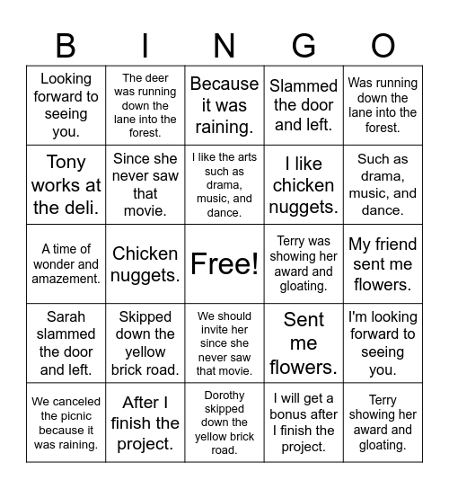 Sentence Fragments Bingo Card