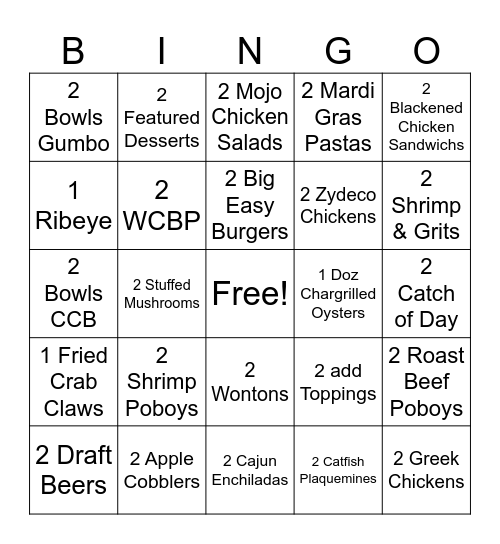 Crescent City Grill Bingo Card