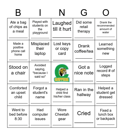 CHEETAH 1st week BINGO Card