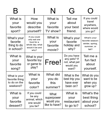 GET TO KNOW ME Bingo Card