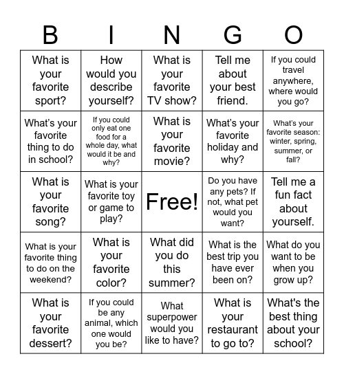 GET TO KNOW ME Bingo Card