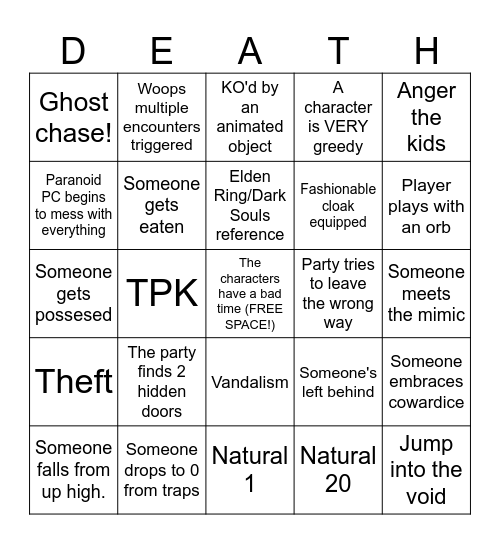 Death House Dance Party Bingo Card