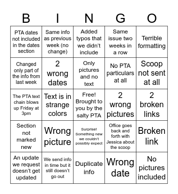 How many ways can they mess up PTA particulars Bingo Card