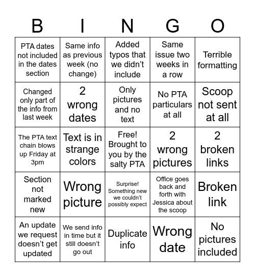 How many ways can they mess up PTA particulars Bingo Card