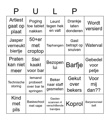 Pulp bar bingo Card