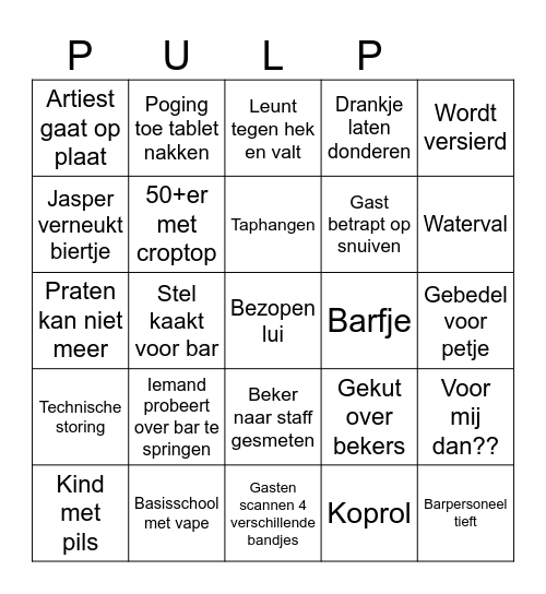 Pulp bar bingo Card