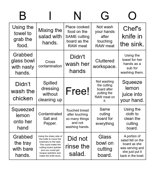 What not to do in the kitchen! Bingo Card