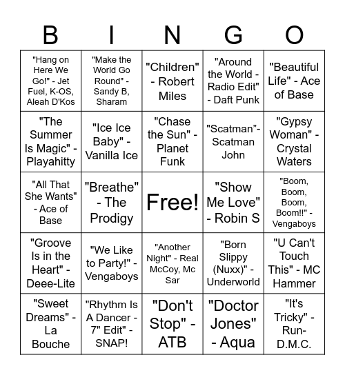 90s Club Hits Music Bingo Round #1 Bingo Card