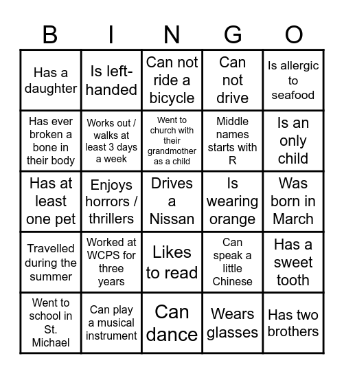 WCPS STAFF BINGO Card