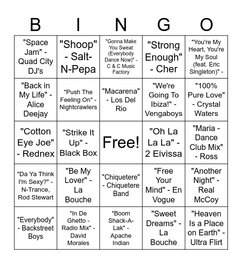 90s Club Hits Music Bingo Round #4 Bingo Card