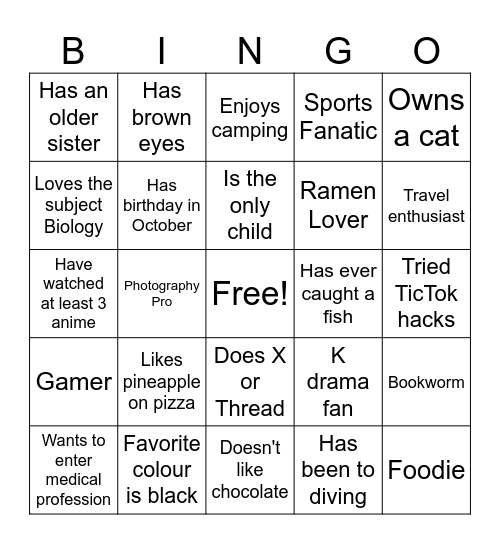 GET TO KNOW YOU BINGO Card