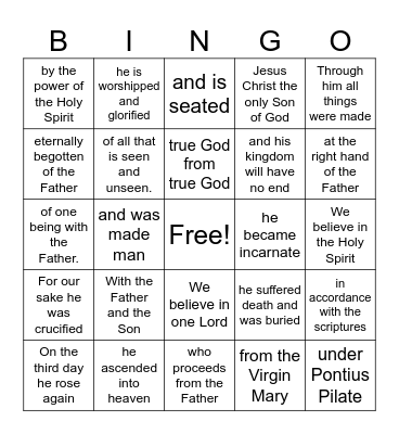 Nicene Creed Bingo Card