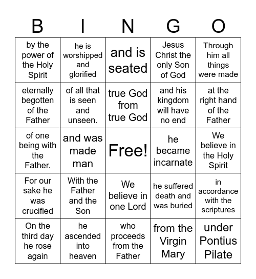 Nicene Creed Bingo Card