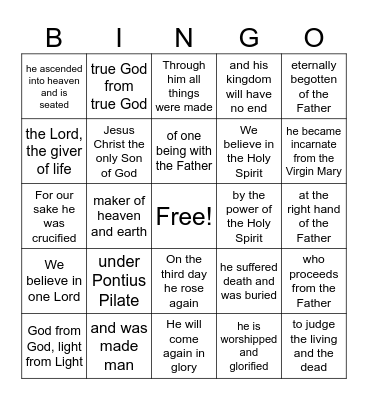 Nicene Creed Bingo Card