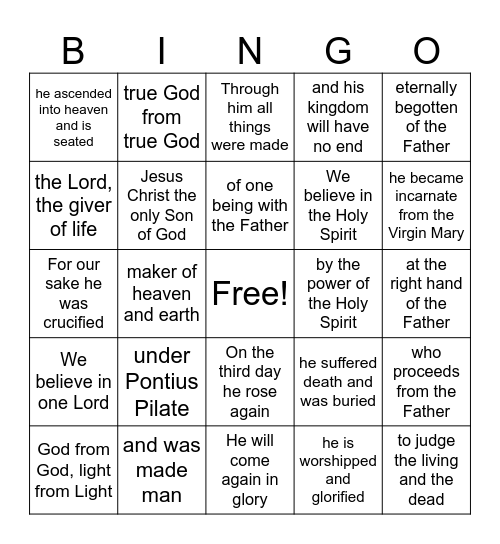 Nicene Creed Bingo Card