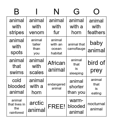 Zoo Bingo Card