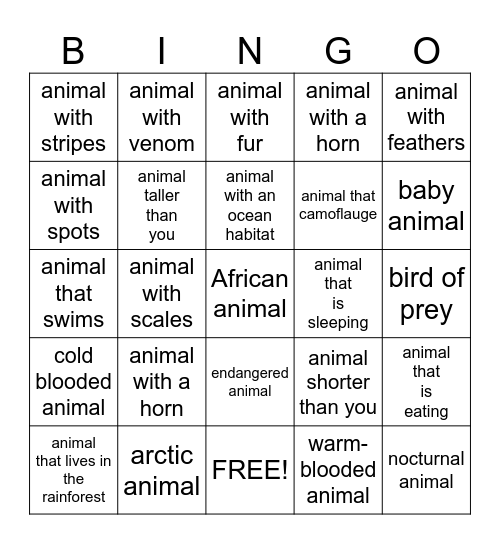 Zoo Bingo Card