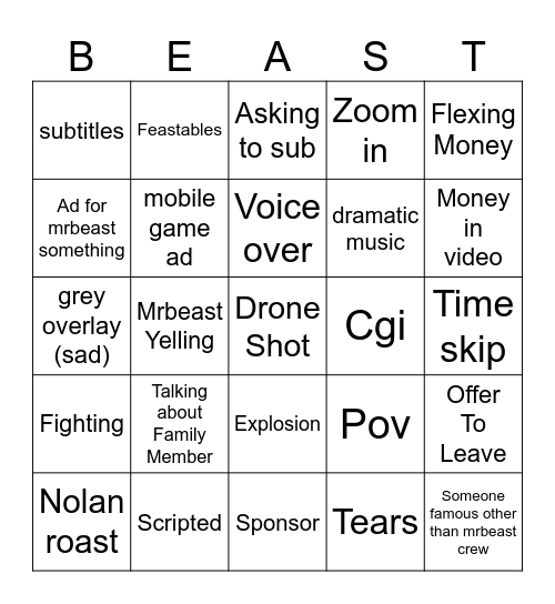 Mrbeast Bingo Card