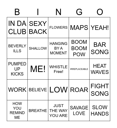 HIT SONGS Bingo Card