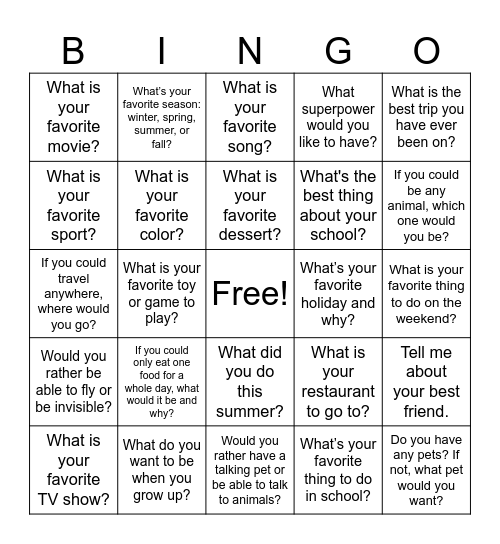 GET TO KNOW ME Bingo Card