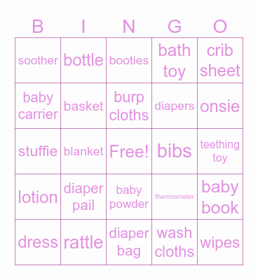 Baby Shower Gifts Bingo Card