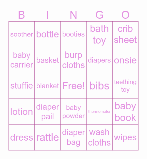 Baby Shower Gifts Bingo Card