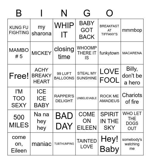 ONE HIT WONDER-FULS Bingo Card
